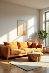 Sunlit Living Room with Orange Sofa and Wooden Coffee Table