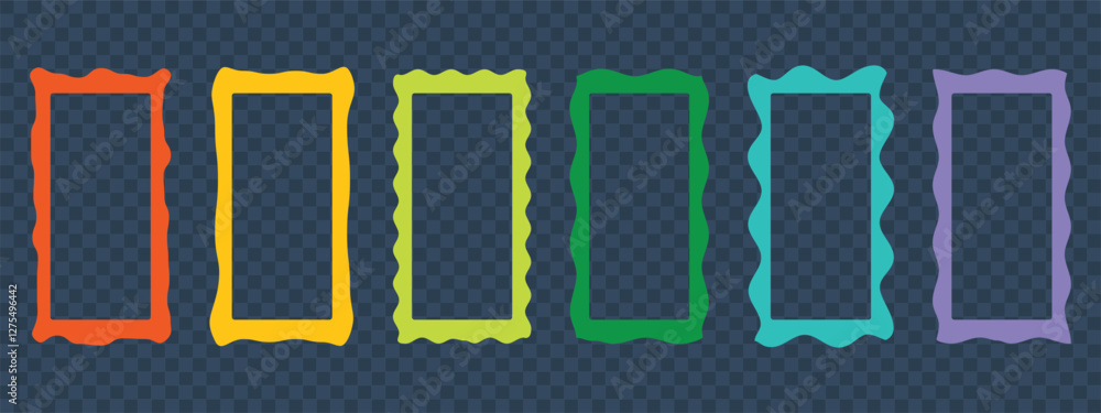 Poster set of multicolored vector scalloped frames. borders for photos with irregular edges. trendy modern 