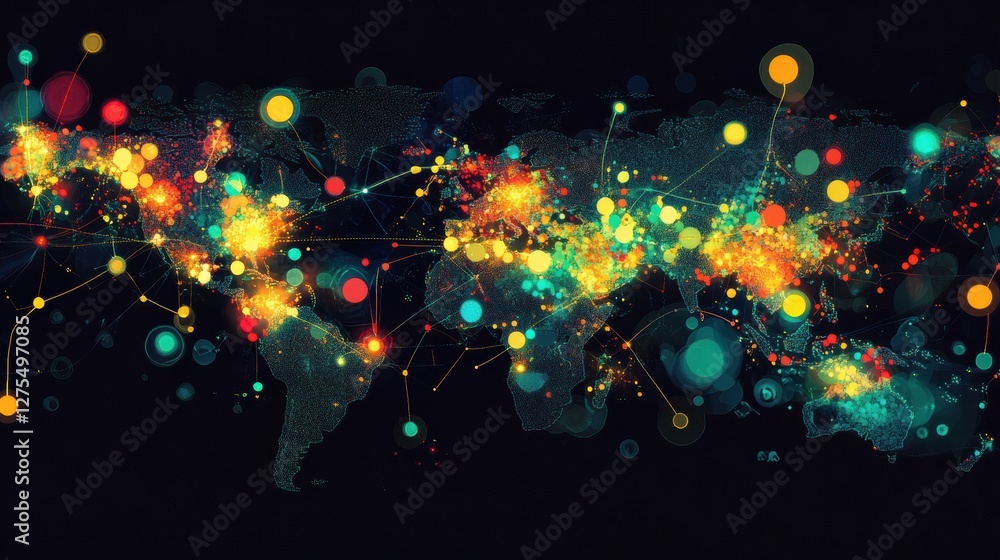 Poster global network visualization with colorful data points and lines