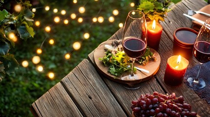 Romantic garden dinner, wine, candles, bokeh lights, food