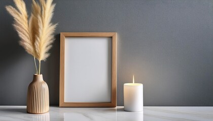 Vertical Wooden Frame Mockup with Pampas Grass in Vase and Candle on Marble Console, Stylishly Illuminating a Gray Wall Backdrop in a Modern Interior Scene, Elegant and Relaxing.