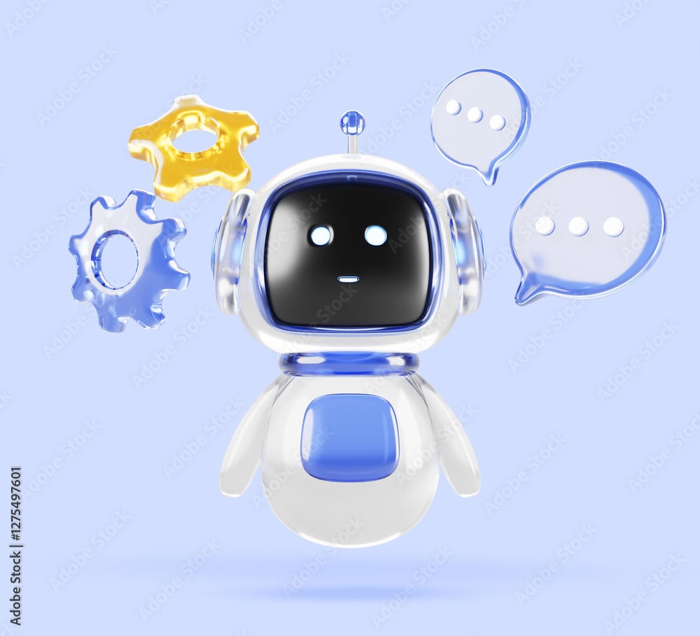 Aufkleber 3d glass ai robot character with speech bubble and gear icon on blue render background. chat bot mas