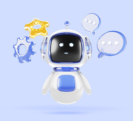 3d glass ai robot character with speech bubble and gear icon on blue render background. Chat bot mascot, cute chatbot virtual support assistant with artificial intelligence technology. 3D illustration