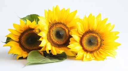 Obraz premium Bright Sunflowers with Green Leaves on White Background