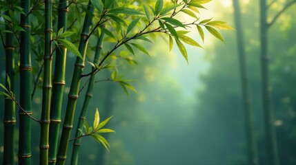 Serene Bamboo Grove Lush Green Stalks and Vibrant Foliage in Soft Morning Light
