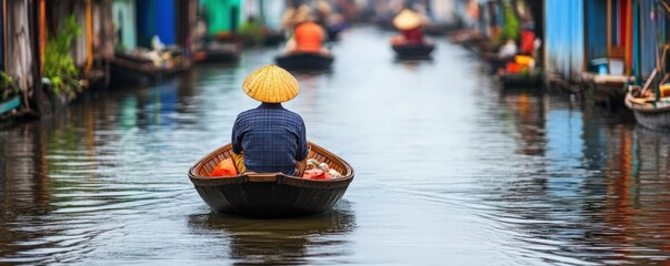 Obraz premium A serene scene of a person in a traditional boat, wearing a straw hat, navigating a calm waterway lined with colorful houses.
