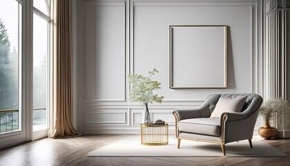 Classical Interior with Artwork Template on a White Wall Modern Home Design Concept Showcasing Sophisticated Elegance and Timeless Beauty in the Heart of Contemporary Living