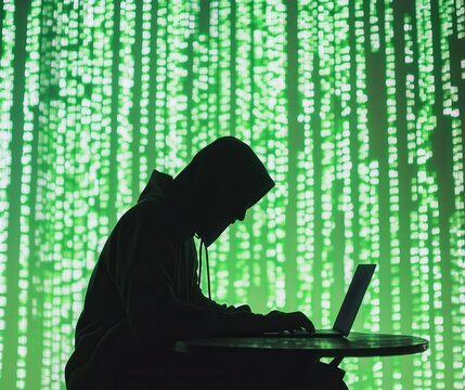 Silhouette of a hooded hacker focused on a laptop at a dimly lit table, embodying the essence of cyber intrigue.