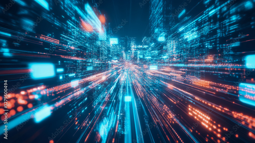 Poster digital realm: quantum data streams through a futuristic metropolis, networking infrastructure