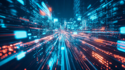 Digital realm: Quantum data streams through a futuristic metropolis, networking infrastructure