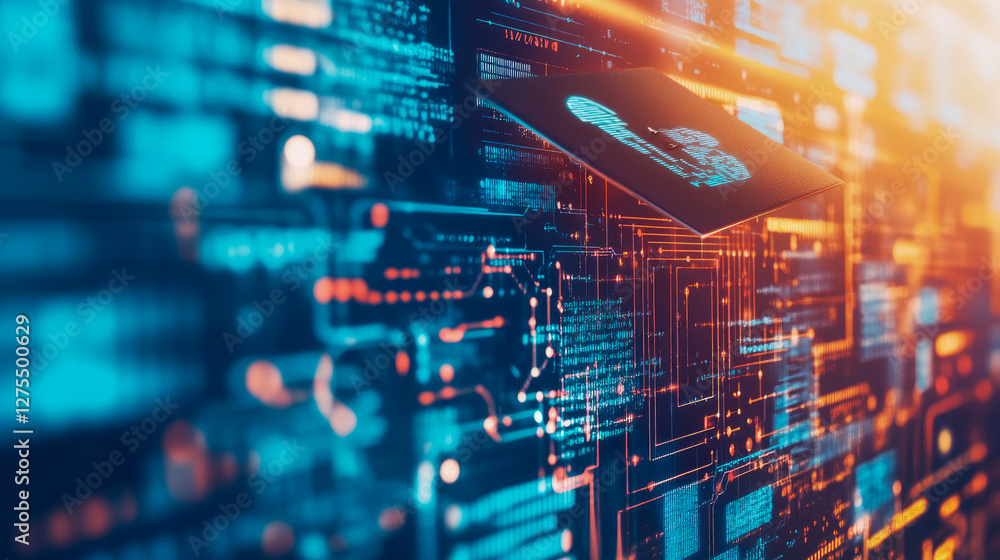 Aufkleber cybersecurity concept: fingerprint identification on a chip with network connections for a digital s