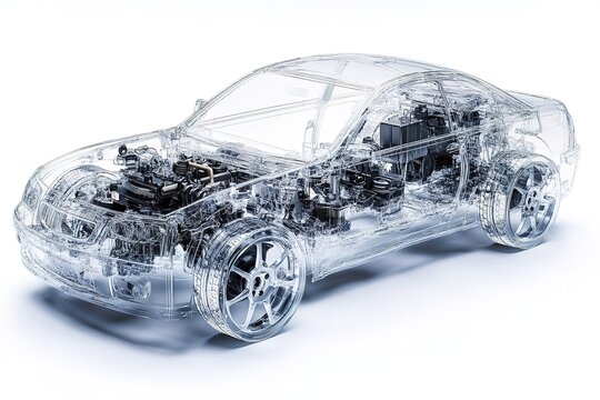 Transparent Automotive Engine: Exploded View of Car Mechanics, Detailed Internal Components, Showing Gears, Pistons, and Chassis in X-Ray Style. Perfect for Technical Manuals, Automotive Design,      