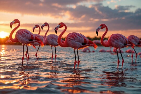 Vivid Flamingos Wading Through Shimmering Waters at Sunset