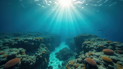 Naklejka premium Colorful coral reef underwater with sunlight rays shining through the water 