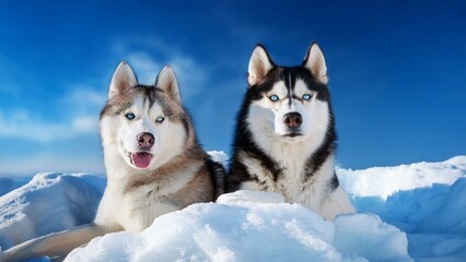 Fototapeta premium Two Siberian husky dogs sitting on a snowy landscape with a bright blue sky 