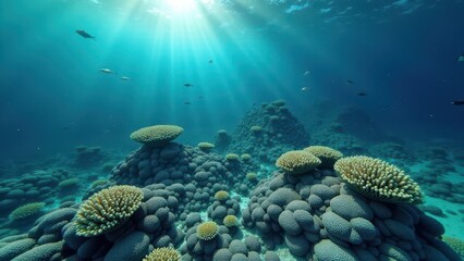 Obraz premium Colorful coral reef underwater with sunlight rays shining through the water 