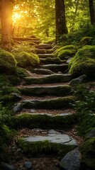 Sunlit mossy stone path, forest