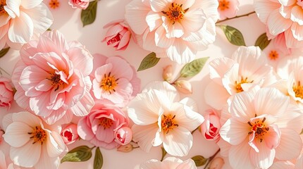 A beautiful arrangement of delicate pink and white flowers with lush green leaves set against a soft background, creating a serene and fresh