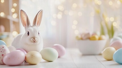 White rabbit among pastel colored eggs in a softly lit Easter celebration setting