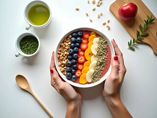 Smoothie bowl with blueberries, raspberries, granola, and nuts, held by two hands on a marble table with a potted plant and a cup of green tea