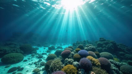 Fototapeta premium Colorful coral reef underwater with sunlight rays shining through the water 