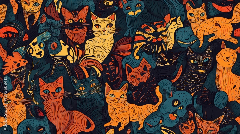 Poster colorful cat illustration pattern with various styles and expressions