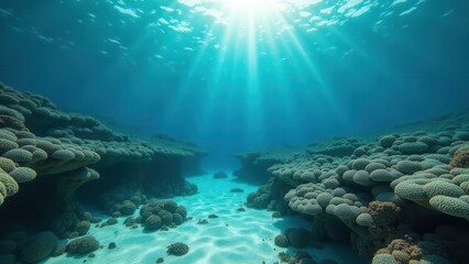 Fototapeta premium Sunlight illuminating underwater coral reef affected by coral bleaching 