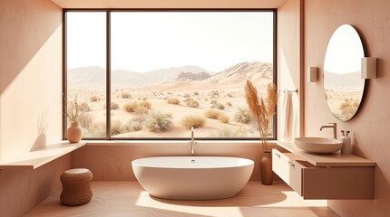 Bright, minimalist bathroom featuring a freestanding bathtub, modern sink, and large desert view window