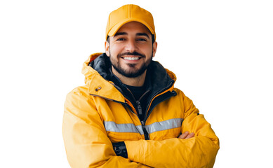 Portrait of a cheerful manufacturing worker wearing a safety hat, isolated on a transparent background. Ideal for industrial themes, workplace safety, or corporate projects. High-quality image showcas