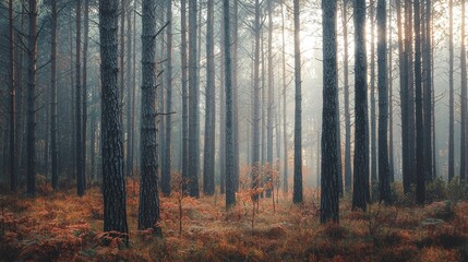 Obraz premium Enchanted Forest: Misty Dawn in a Pinewood