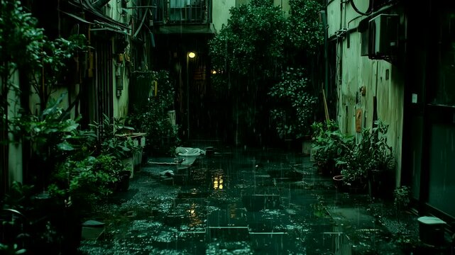 Abandoned courtyard with overgrown greenery and dim lighting creating a mysterious atmosphere. Seamless looping 4K time-lapse animation video background