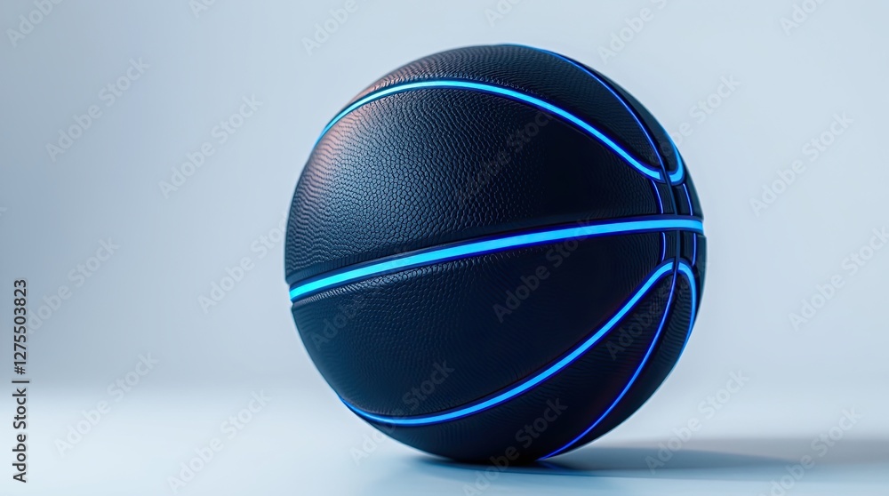 Poster a close-up of a black basketball with glowing blue lines on a light surface, creating a modern and d