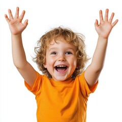 Excited child with hands in the air, joyful and playful, isolated on white