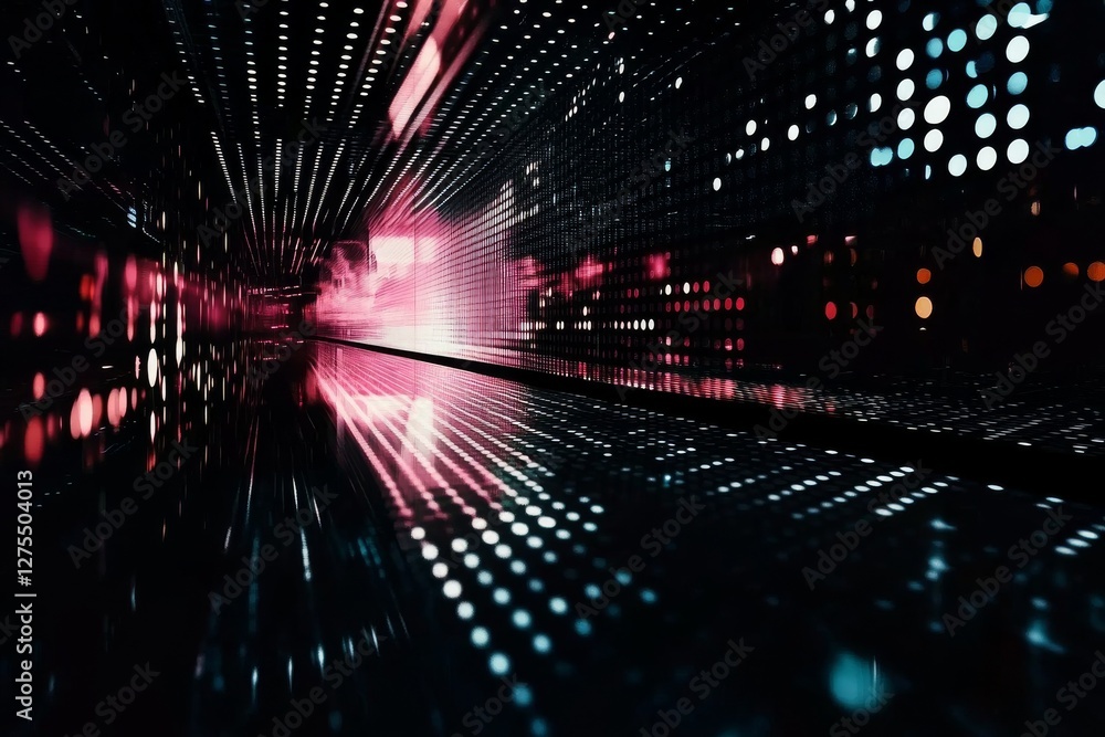 Poster a vibrant digital tunnel filled with colorful dots and reflections, creating a dynamic and immersive