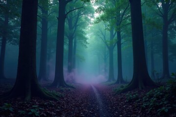 Obraz premium A dark forest shrouded in purple and green mist, dark woods, mysterious, misty