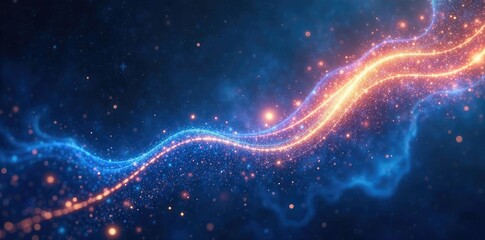 A flowing ribbon of shimmering blue and gold trails through a cosmic landscape, stars, curves