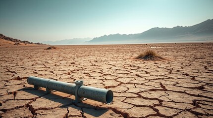 A stark, desolate landscape showcases a cracked earth surface with a metallic object in the foreground, under a clear sky with distant mountains