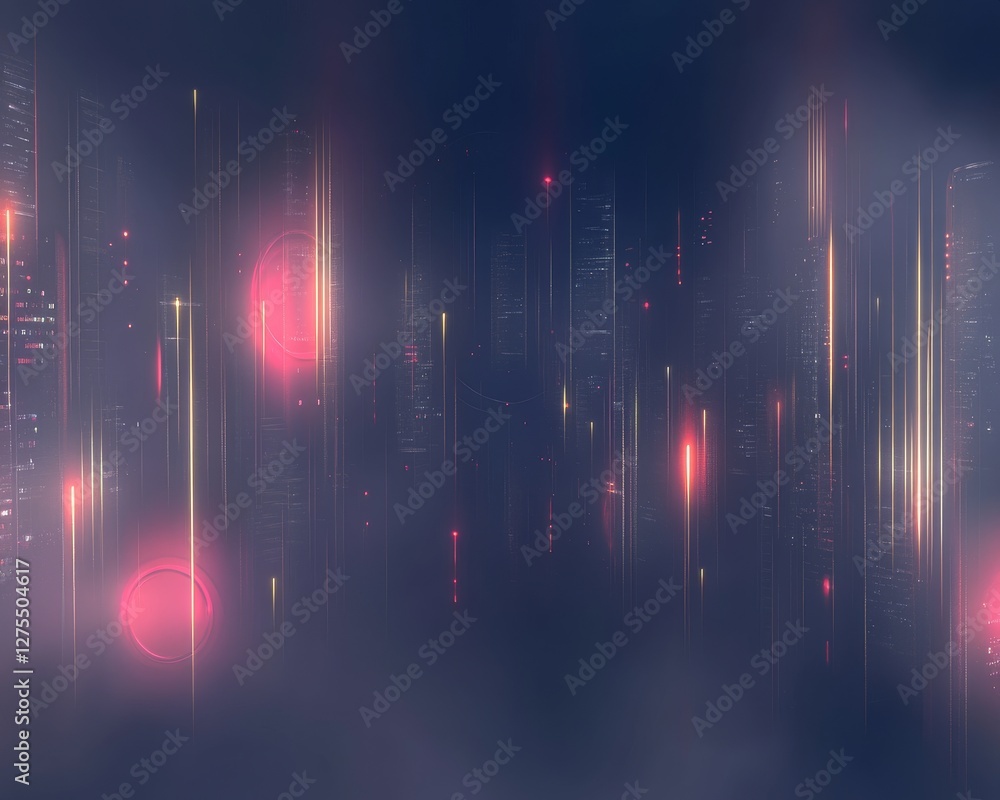 Poster a digital abstract background featuring vertical light streaks and glowing orbs, creating a futurist