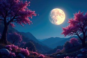 A full moon shines bright above a lush landscape of blooming trees and branches, Twlight, Flowers, Landscape