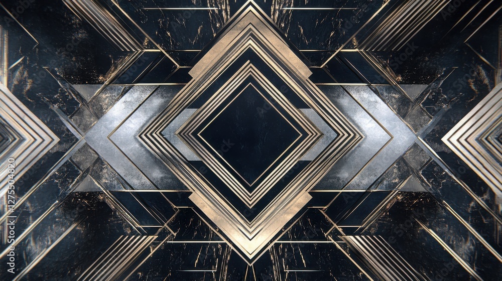 Poster geometric metallic pattern with diamonds and lines in dark background