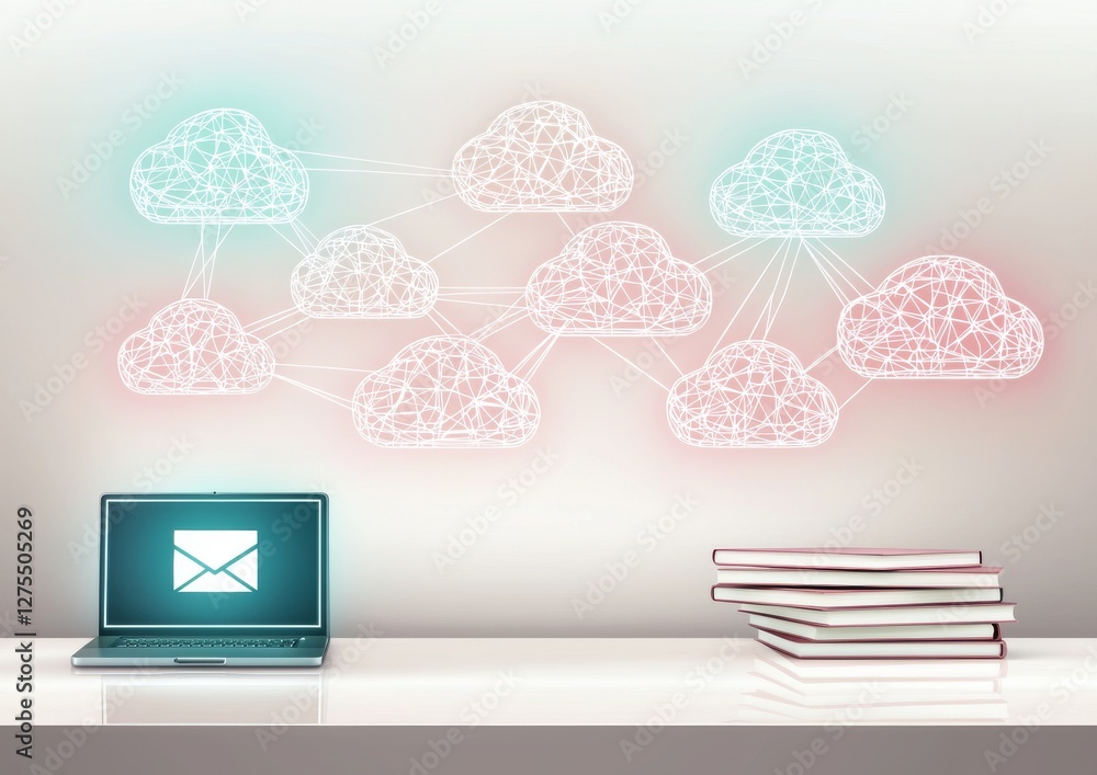 Poster a laptop with a cloud network illustration and stacked books, symbolizing digital communication and 
