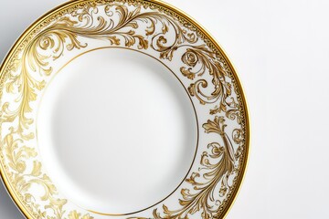 Elegant Gold-Trimmed Plate: Pristine White Background, Perfect for Menu Design, Website Mockups, Food Photography, Branding, Luxury Product Presentation, Clean Minimalist Style, High-Resolution Image,