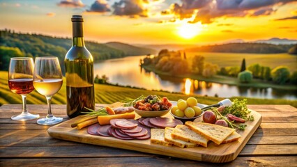 Scenic Sunset View with Wine and Gourmet Food on Wooden Table