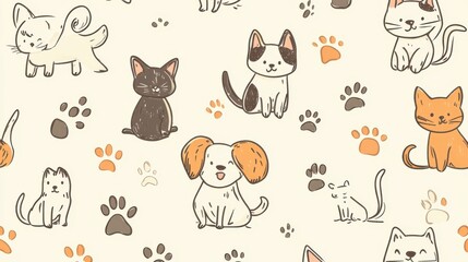 Cute Cartoon Animals Pattern with Dogs and Cats on Light Background
