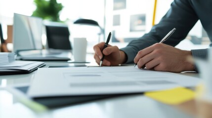A car dealership office with a customer signing papers for a vehicle purchase. Featuring professionalism and ease