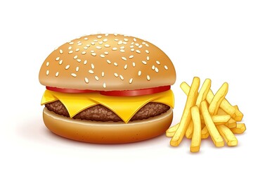 Juicy Cheeseburger and Crispy Fries: A mouthwatering close-up shot of a delicious hamburger with melted cheese, served alongside golden-brown, perfectly crispy French fries. Isolated on a pristine    