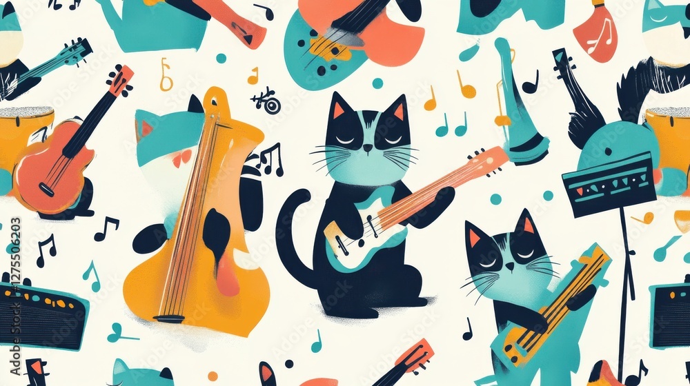 Poster playful cats with instruments and music notes in colorful pattern