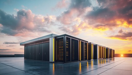 Rooftop server farm at sunset