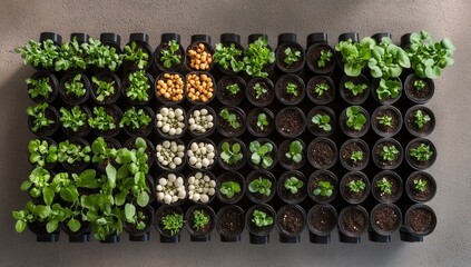 Rows of potted seedlings on a tray, indoor garden, seeds,  growing