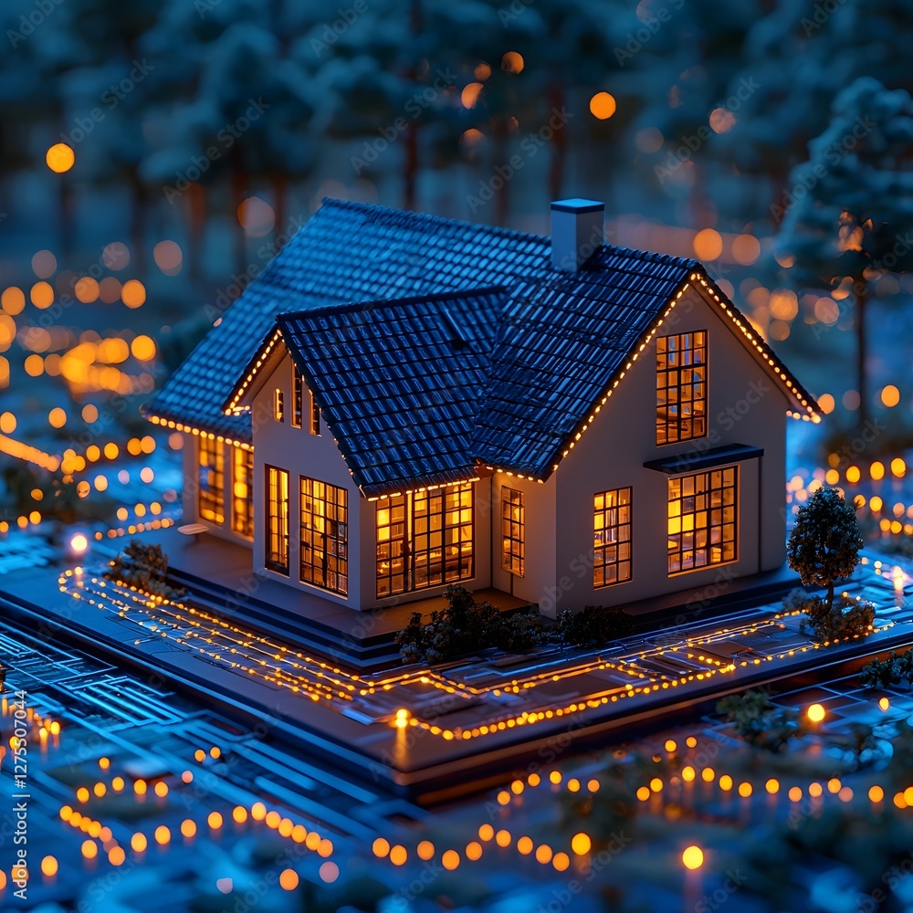 Poster futuristic cube house surrounded by glowing investment graphs and virtual data